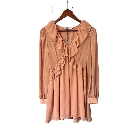 Zara Women’s Pink Peach Long Sleeve V Neck Ruffle Breathable Dress Size Small - Picture 1 of 6